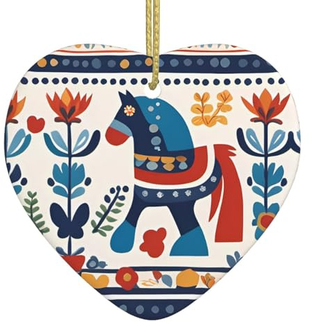 Weihnachtsbaum Keramik hängende Liebe Ornament WHYJIC schwedisches Dala-Pferd Volksdrucke einfach aufzuhängen für Urlaubsparty 7,9 x 7,9 cm