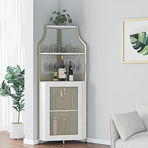 GarveeLife Armoire à Vin d'angle avec Casier à Bouteilles Amovible, Armoire Bar d'angle à 5 Niveaux avec Porte Coulissante Et Porte-Verres, Buffet De Style Fermier Et Bar d'Intérieur, Brun Rustique