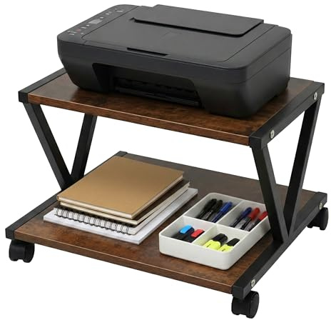 Relaxdays Druckerständer mit Rollen, 2 Ebenen, HBT: 28 x 44 x 28 cm, Rolltisch für Drucker, MDF & Metall, braun/schwarz