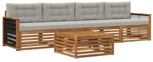 vidaXL Outdoor-Sofagarnitur mit Kissen 5 pcs Natürlich und Hellgrau, Gartenmöbel, Moderne Sitzgruppe, L-förmiges Sofa für Terrasse, relaxen im Lounge-Stil
