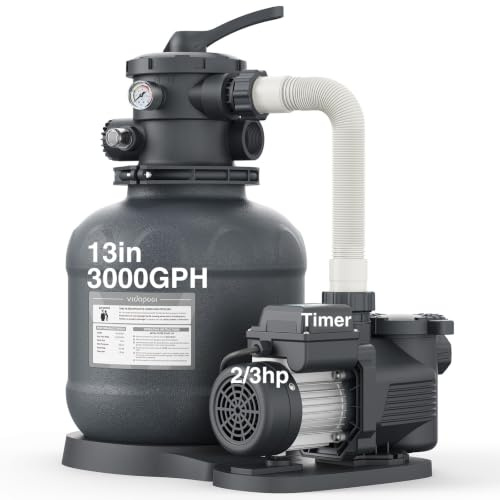 VIDAPOOL 13in Sand Filter Pump for Above Ground Pool with Timer, 2/3 HP 3000 GPH Pool Pumps Above Ground for Pools up to 13,000 Gallons, Pool Sand Filter with 6-Way Valve, Efficient Filtration