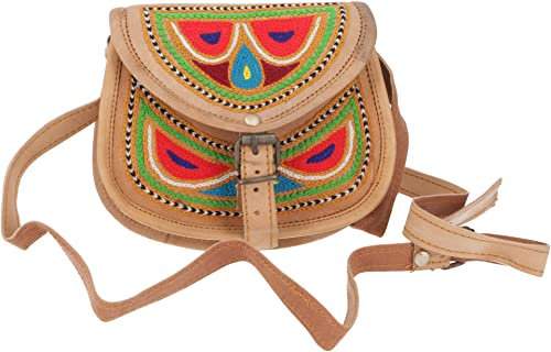 GURU SHOP Unikat Vintage Hippietasche, Tasche aus Ziegenleder, Schultertasche, Bestickete Ledertasche - Farbe 1, Unisex - Erwachsene, 12x17x4 cm