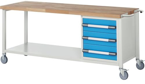 eurokraft | pro | Fahrbare Werkbank Serie 8000 | Gestellbauweise | 3 Schubladen | Ablageboden | BxT 2000 x 700 mm