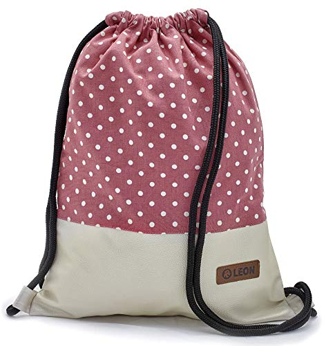 By Bers Leon großer Premium Turnbeutel mit Innentaschen Rucksack Tasche Damen Herren Teenager Gym Bag Draw String 45x34cm für Sport Reise Alltag Einkauf (Dots_BeigePink_PerlmuttPU)