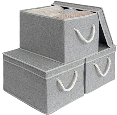 StorageWorks Large Storage Boxes with Lids, Clothes Organiser Box with Lids, Shelf Storage Baskets with Lids for Wardrobe, Bedroom Baskets, Fabric Storage Bins with Handles, Grey, 3-Pack