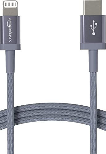 Amazon Basics Cavo di ricarica USB-C a Lightning, certificato MFi, in nylon intrecciato, per iPhone 13/12/11/X/XS/XR/8, 0.9 m, Grigio scuro