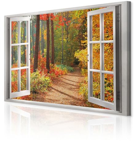 decomonkey Bilder Wald Natur 120x80 cm 1 Teilig Leinwandbilder Bild auf Leinwand Vlies Wandbild Kunstdruck Wanddeko Wand Wohnzimmer Wanddekoration Deko Herbst Fensterblick