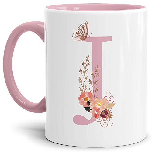 Tassendruck Buchstaben-Tasse mit Blumen - Buchstabe J - Innen & Henkel Rosa - Mug/Cup/Becher/Edel/Geschenk-Idee/Beste Qualität - 25 Jahre Erfahrung