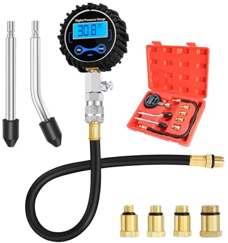 BETOOLL 8pcs Compression Tester Automotive - Digital Compression Gauge 0-300PSI for Petrol Engine Cylinder Compression Test Tool Kit with Adapters & Hose