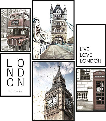 Papierschmiede® Mood Poster Set London, Fertiges Bilder Set mit Rahmen (Holz, schwarz), Wohnzimmer Deko Schlafzimmer, 2x DIN A4 und 4x DIN A5, Big Ben Tower Bridge England UK