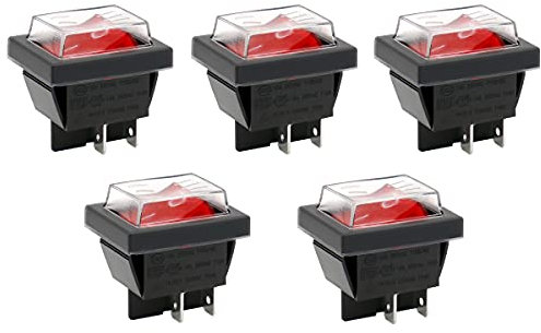 Heschen Interruptor basculante ON-OFF DPST 4 Terminales Luz 16A 250VAC con cubierta impermeable 5Pack (rojo)