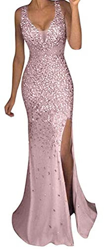 Minetom Donna Elegante Paillettes Vestito Lungo da Sera Festa Cocktail Cerimonia Scollo a V Senza Maniche Maxi Abito A Rosa XL