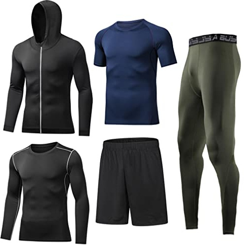 BUYJYA Lot de 5 Pantalons de Compression pour Homme, Haut à Manches Longues, Ensemble athlétique, vêtements de Gym et d’entraînement pour Homme, XX-Large