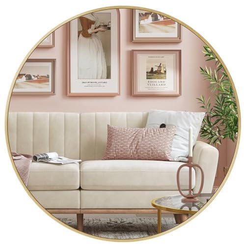 SONGMICS Wandspiegel, Spiegel rund, Ø 61 cm Badezimmerspiegel, Metallrahmen, einfache Montage, modern, für Bad, Wohnzimmer, Schlafzimmer, Flur, Eingangsbereich, metallisches Gold LWM102A01