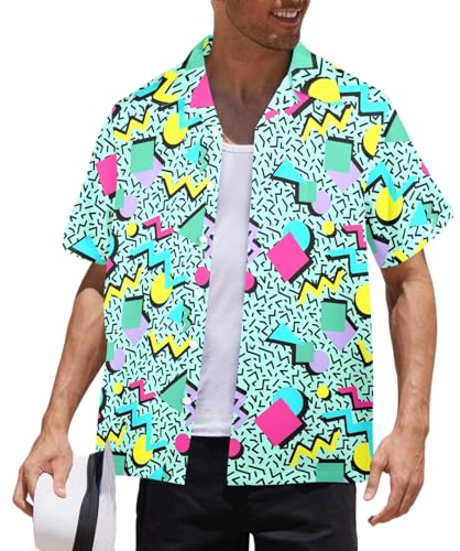 HUGLAZY Magic Mushrooms Hawaii-Hemd für Herren, buntes Rave, groß und groß, kurzärmelig, Knopfleiste, lustiges Party-Outfit, Memphis, L