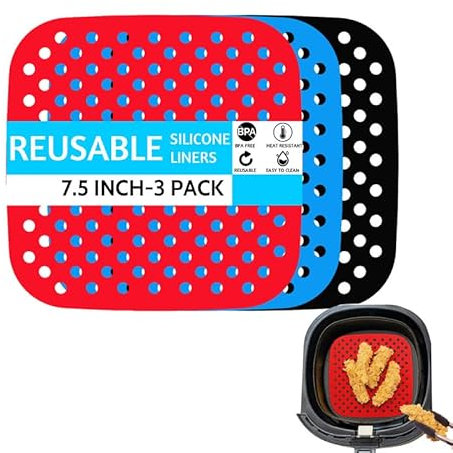tannac Air Fryer Liners, 3 Pack 7.5 Inch Square Non-Stick Reusable Silicone Air Fryer Mats, 100% Food-Grade, Easy Clean Kitchen Mat| Air Fryer Accessories for Cosori ,Gourmia,Power XL and More