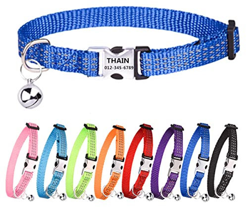 THAIN Cat Collar Personalised Reflective with Bell-Custom Cat Collar Engraved nameplate with Name and Phone,Adjustable for Cats and Kitten (Dark Blue)