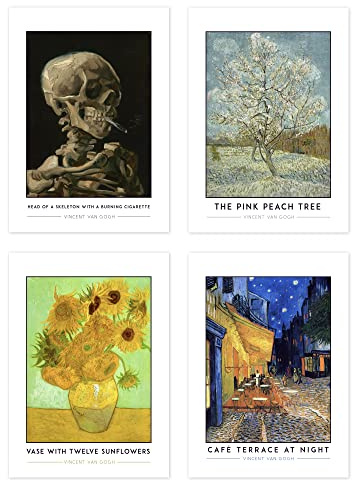 Wee Blue Coo Classic Paintings Van Gogh Skeleton Cigarette Pink Peach Tree Twelve Sunflowers Café Terrace A4 Poster Pack of 4 Wall Art
