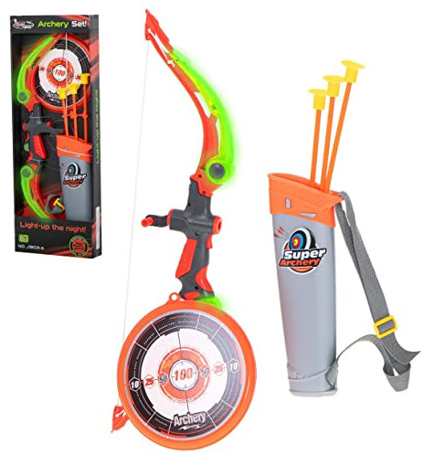 Pfeil und Bogen Set mit grüner LED Beleuchtung | Kinder Bogenschießen Spielzeug für Indianer & Krieger | Zielscheibe & Köcher Zubehör | Innen und Outdoor Archery | Kinderbogen für Jungen & Mädchen