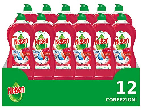 Nelsen Argilla E Melograno, Detersivo Per Piatti A Mano, Sgrassa A Fondo Con Azione Rinfrescante Sulle Stoviglie, 12 confezioni da 900 ml