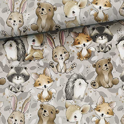 Keine Meterware, Stoffe zum Nähen für Kinder, 100% Baumwolle: 0,5m Premium Baumwollstoff mit Tiere - Kinderstoff mit Waldtiere - Fuchs Reh Bär Igel - Babyliebe
