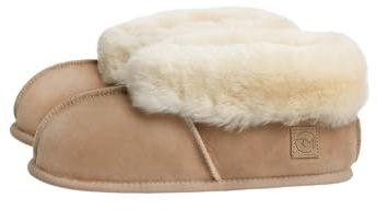 Rohn Moden Lammfell Hausschuh Chalet für Damen und Herren, Hüttenschuh mit weicher Ledersohle, warmer Hausstiefel für Erwachsene in Top Qualität, beige (Größe 46)