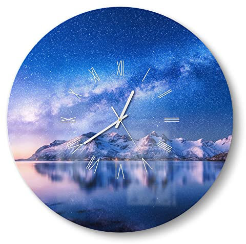 DEQORI Glasuhr | rund Ø 50 cm | Motiv Galaxis über Fjord | große XXL Design Uhr aus Glas | leise Wanduhr für Wohnzimmer & Küche | Moderne Hingucker Uhr für die Wand
