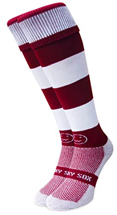 WackySox - Maroon and White Hoop Rugby Socks, Sports Socks for Men and Women, Perfect for Riding, Football, Running, Hockey and Other Sports Activities
