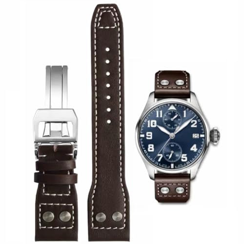 HEYOZURY Uhrenarmband für IWC Uhr Leder 21mm 22mm Ersatzband aus echtem Schwarz Blau Braun Ersatz Armband Faltschnalle Strap Original for Für IWC Big Pilot Serie für Männer