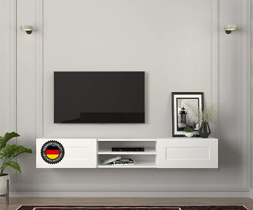moebel17 Piuma TV Lowboard hängend, Weiß, Holz, grifflose Türen viel Stauraum,Board für Wohnzimmer,Hängeboard Designerstück,180 x 29,1 x 29,6 cm, 9376