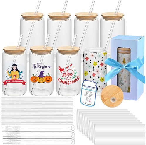 MAFYE Sublimation Glass Blanks With Bamboo Lid, 16OZ Clear Sublimation Beer Can Glass with Glass Straws Present Box Mason Jar Cups Mug Travel Tumbler for Beer, Juice, Soda, Iced Coffee, Drinks(8 PACK)