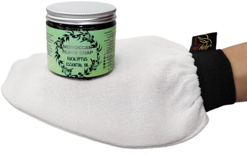 AL HOOR Moroccan Black Olive Soap Infused In Eucalyptus Oil + Kessa Glove - Deep Acne Cleansing & Dead Skin Cells Remover (Eucalyptus/White Kessa)