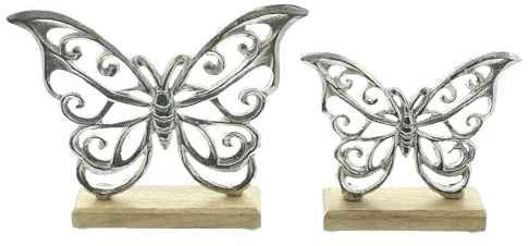 FRANK FLECHTWAREN Schmetterling Silber, 2er Set, Aluminiumguss, Mangoholz, naturbelassen, möbelschonende Kunststoffnoppen Maße: Höhe 13 cm, 16 cm