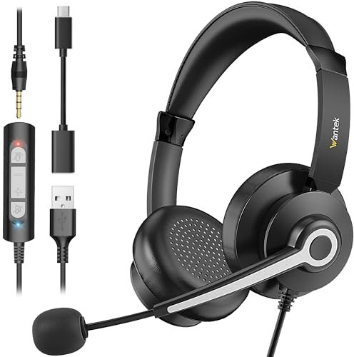 Wantek USB Headset with Microphone USB/3.5mm/C Headphone with Mic [3 in 1 ] Noise Cancelling Headphones Laptop Office Over Ear Headset for Calling, Computer, Teams Office Work, Conference Headsets