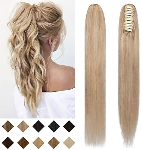 SEGO Ponytail Haarteil Echthaar Zopf Extension mit Klammer Clip in Pferdeschwanz Haarverlängerung 100% Remy Haar Hair Piece glatt #18P613 16(40cm)-105g