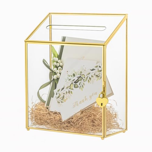 NCYP 24x11,5x30cm Hochzeits kartenbox mit Schlitz und Schloss, Glod Glas Umschlag Spendenbox für Geburtstagsparty Empfang Vintage Tafelaufsatz Dekoration (Nur Glasbox und Schloss)