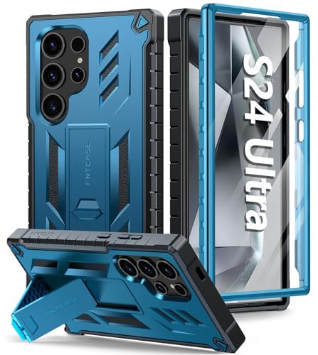 FNTCASE for Samsung Galaxy S24-Ultra Case: Full Protective Heavy Duty Cover with Kickstand | Rugged Shockproof Military Grade Drop Protection Cell Phone - Blue