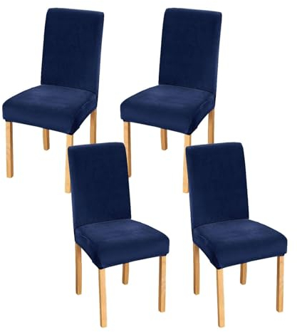 JHLD Stretch Stuhlhussen 4er Set, Stuhlbezug Samt Weiche Stuhlhussen Für Esszimmerstühle Abnehmbare Waschbar Für Hotel Bankett-Navy blau-4 Stück