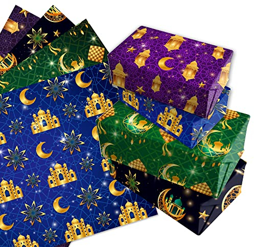 12 Blätt Ramadan Geschenkpapier,Geschenkpapier Geburtstag 4 Arten Geschenkpapier Blatt für Kinder,Urlaub,Geburtstag Geschenkpapier 50 x 68 cm