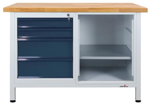 Steinbock Werkbank mit 4 Schubladen und 1 Regalboden | 300 kg Tragkraft | HxBxT 84 x 120 x 60 cm | Anthrazitgrau | 4 cm Starke Holzplatte | stabiles Stahlgestell | Made in EU | Profi-Werktisch