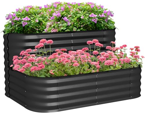 Outsunny Quadratischer Garten-Blumenkasten Pflanzkübel aus Stahl, erhöhter Boden, offener Boden, 2 Etagen, für Kräuter, Gemüse, Obst, Blumen, Kräuterbeet, Schwarz
