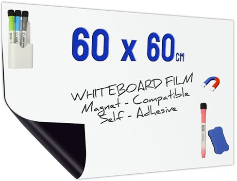 Minadax Whiteboard Folie 60 x 60cm | Magnet Haftend | Zuschneidbar + Stifte mit Halter + Wischer