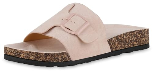 VAN HILL Damen Pantoletten Flach Schnallen Trendy Schuhe 215015 Rosa 37