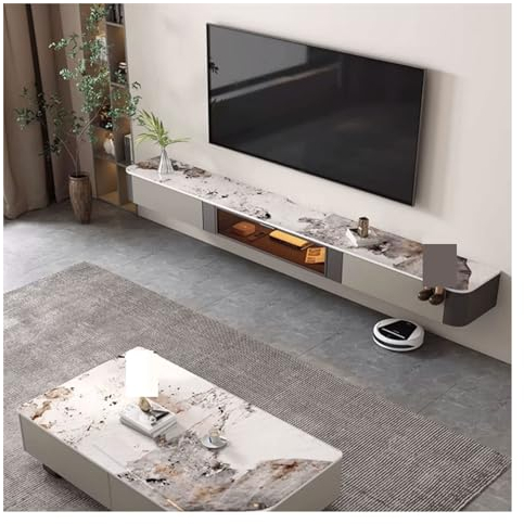 TV Console Ultra Thin Floating LED TV Stand, 78.7''/86.6''/94.4'' Wall Mounted Entertainment Center for Under TV, Modern TV Stand Shelf TV Cabinet with Rock Plate Tabletop Television Stands Media Cons