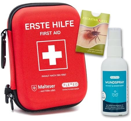Erste Hilfe Set Outdoor DIN 13167 - Reiseset für Unterwegs, Wandern, Camping, Motorrad, Fahrrad, First Aid Kit für Survival und Notfall (1x Erste-hilfe-set Traveller + 1x Wundspray + 1x Zeckenkarte)