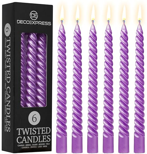 DECO EXPRESS Candele Lunghe Spirale Pacco da 3 o 6 Candele Antigoccia Contorte 6 Ore Lunga Durata Non Profumato Candela da Cena (Viola Metallizzato, Set da 6)