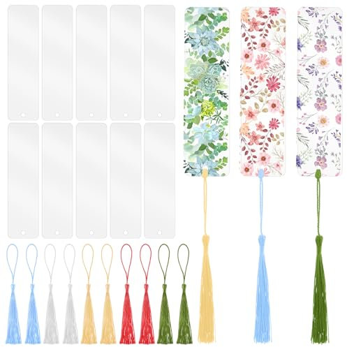 15 Stück Blanko Lesezeichen Quasten Set Rechteckige Acryl Rohlinge Buchzeichen mit Bunten Quasten Transparente Lesezeichen Kann für DIY Lesezeichen Notizbücher Verwendet Werden