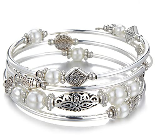 BULINLIN Pulsera Envolvente de Plata para Mujer Pulsera Multicapa de Cuentas de Plata Joyas Bohemio Cumpleaños Regalos para Madres(White pearl)