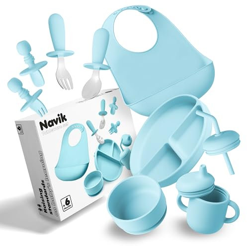 Navik | Set vajilla bebe de silicona | Contiene plato ventosa bebe dividido | vaso aprendizaje bebe | cuchara bebe | cuenco bebe ventosa | +6 meses | Azul