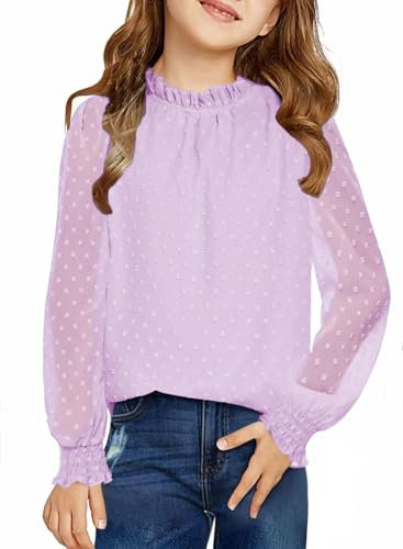 Arshiner Ragazze Manica Lunga Chiffon Maglietta Bambine Punto Scollatura Sgualcita T Shirt Elegante Moda Autunno Inverno Manica Lunga per Ragazza 9-10 Anni Viola